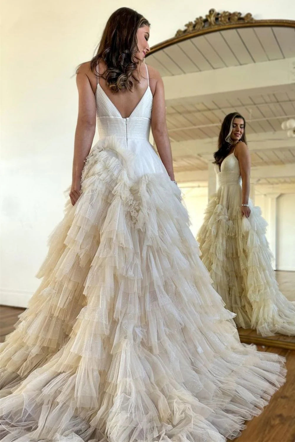 Princess A Line Spaghetti Straps Tiered Tulle Pink Prom Dress