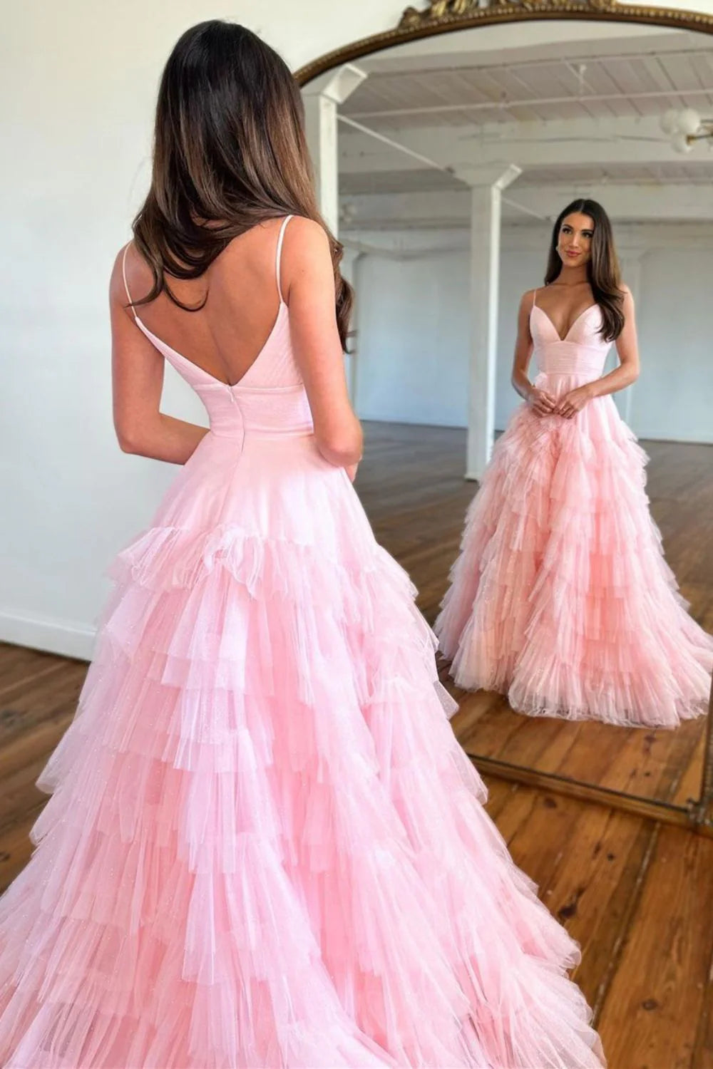 Princess A Line Spaghetti Straps Tiered Tulle Pink Prom Dress
