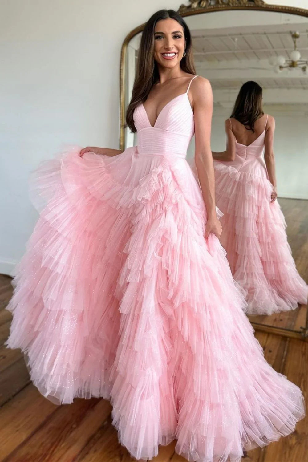 Princess A Line Spaghetti Straps Tiered Tulle Pink Prom Dress