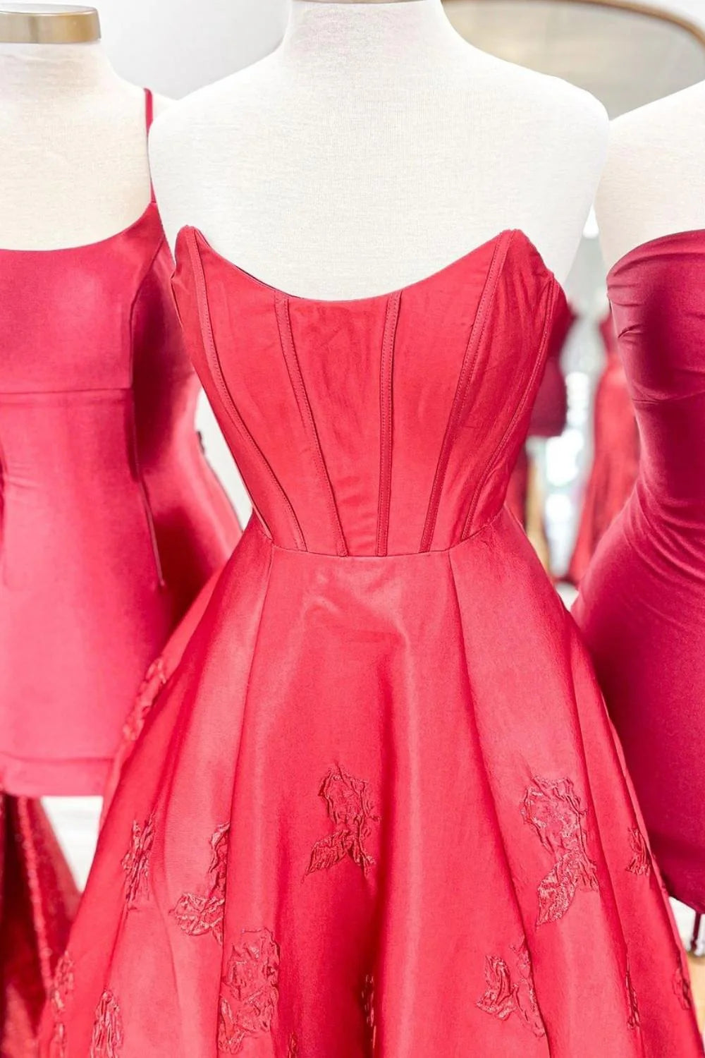 Princess A Line Strapless Corset Jacquard Red Floor Length Prom Dress