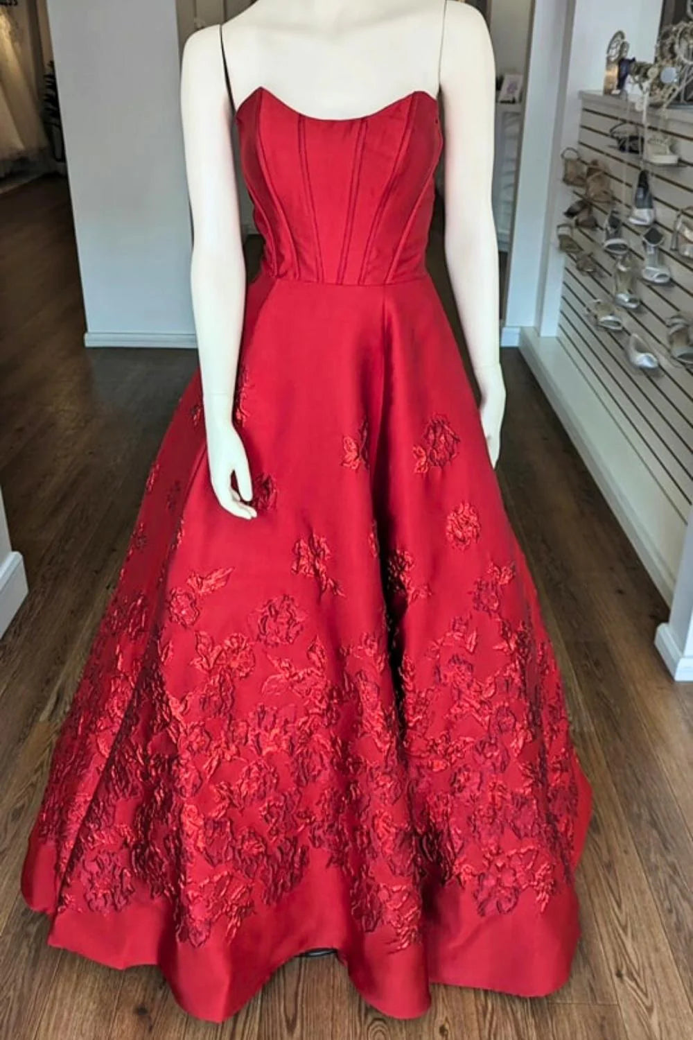Princess A Line Strapless Corset Jacquard Red Floor Length Prom Dress