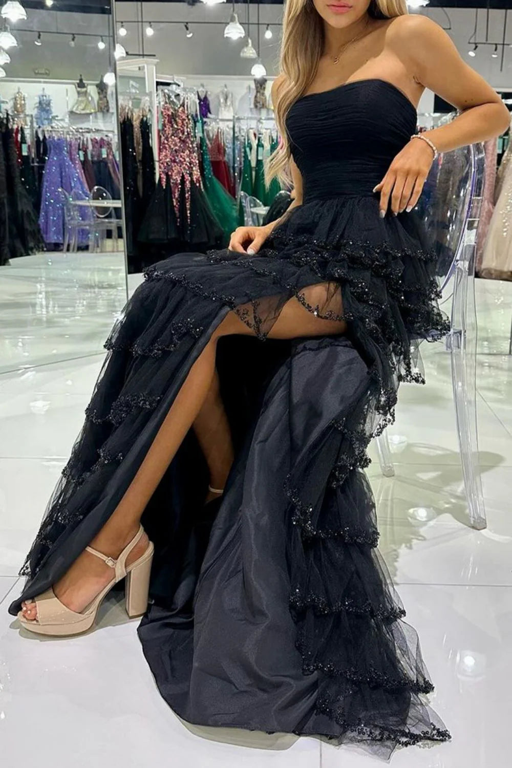Princess A Line Strapless Ruffles Tiered Black Floor Length Prom Dress