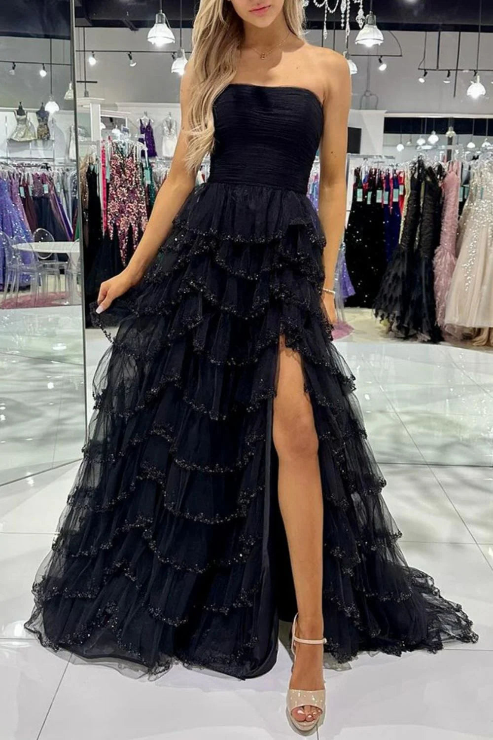 Princess A Line Strapless Ruffles Tiered Black Floor Length Prom Dress