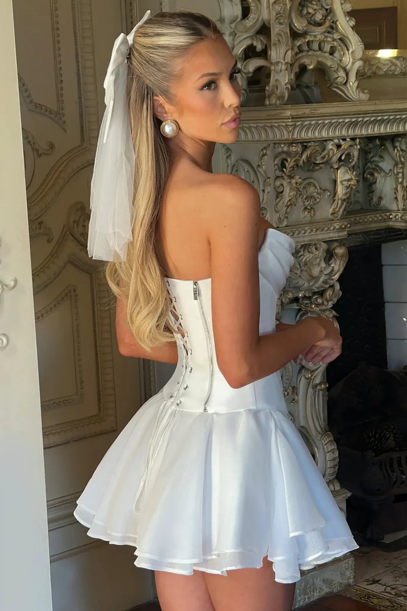 Princess A Line Strapless Tiered Ruched Satin White Short Homecoming Dress