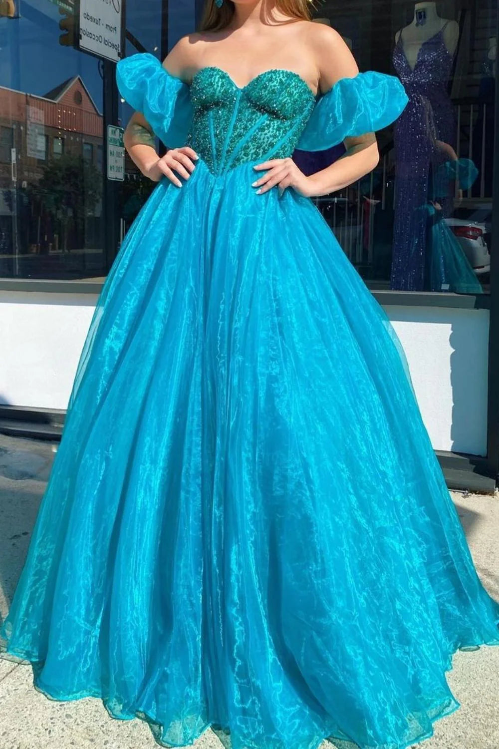 Princess A Line Sweetheart Beading Corset Blue Floor Length Prom Dress