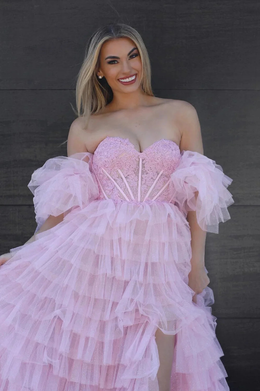 Princess A Line Sweetheart Corset Ruffles Tiered Split Pink Prom Dress