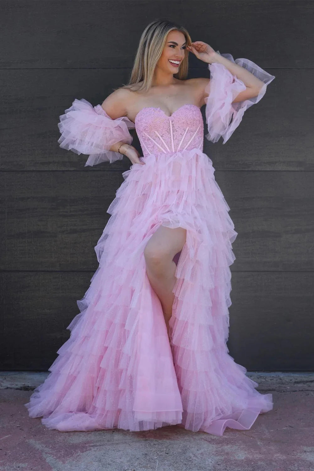Princess A Line Sweetheart Corset Ruffles Tiered Split Pink Prom Dress