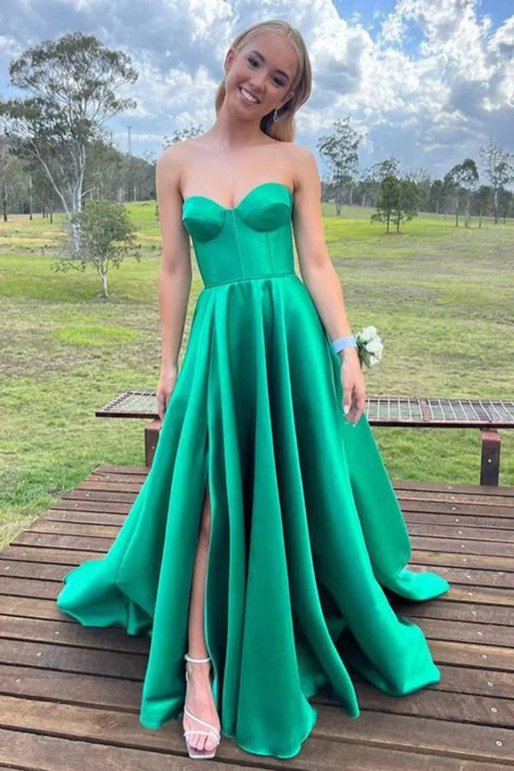 Princess A Line Sweetheart Satin Fuchsia Long Evening Dress With Split