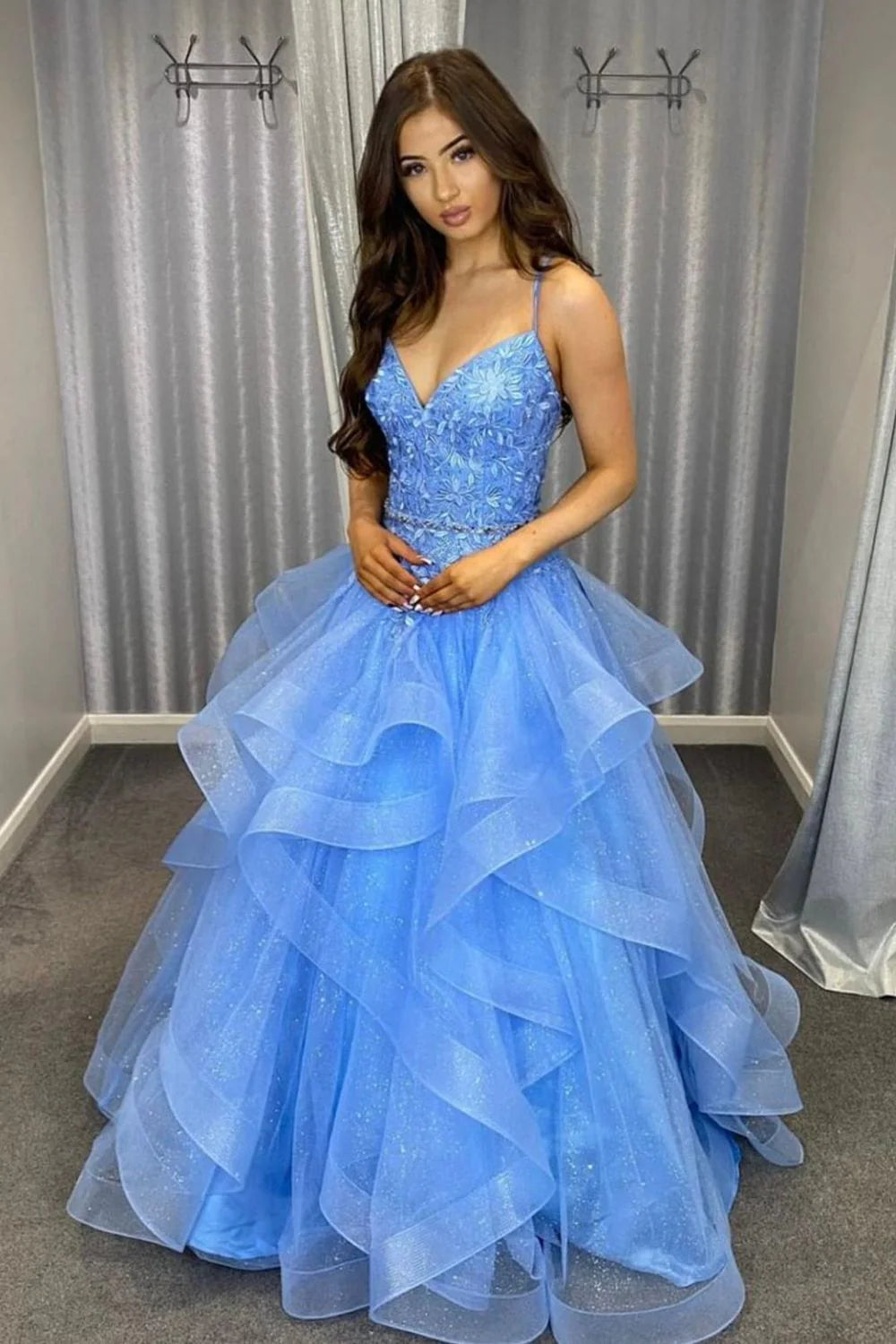 Princess A Line V Neck Appliques Beaded Tiered Blue Long Prom Dress