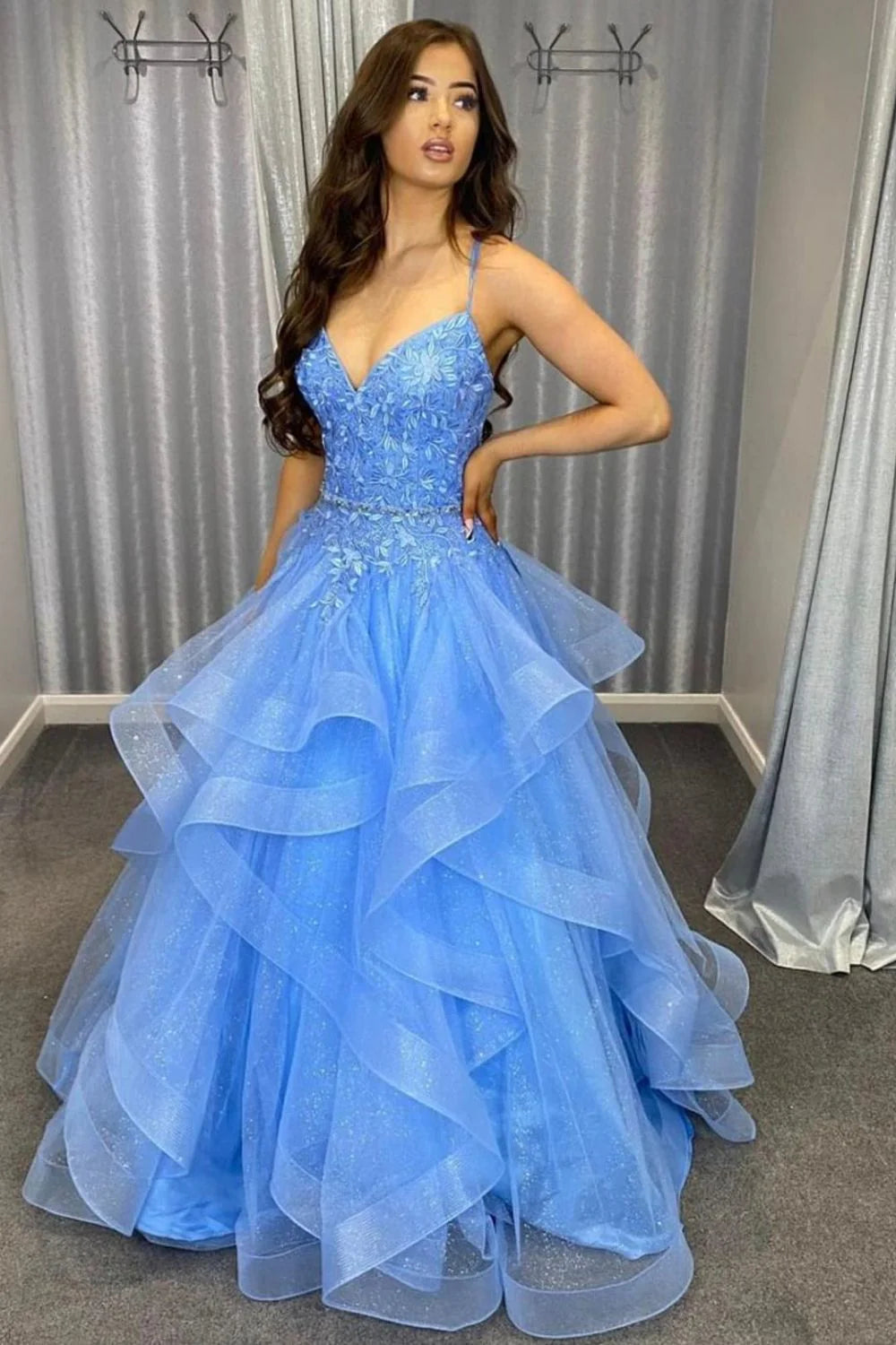 Princess A Line V Neck Appliques Beaded Tiered Blue Long Prom Dress