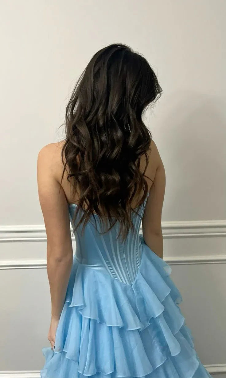 Princess Ball Gown Strapless Tiered Chiffon Light Blue Floor Length Prom Dress
