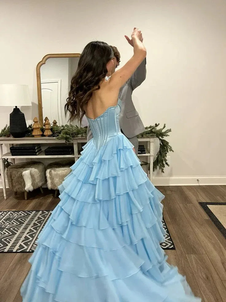 Princess Ball Gown Strapless Tiered Chiffon Light Blue Floor Length Prom Dress