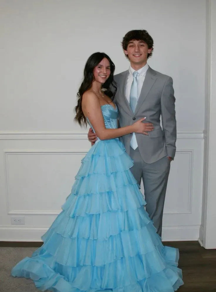 Princess Ball Gown Strapless Tiered Chiffon Light Blue Floor Length Prom Dress