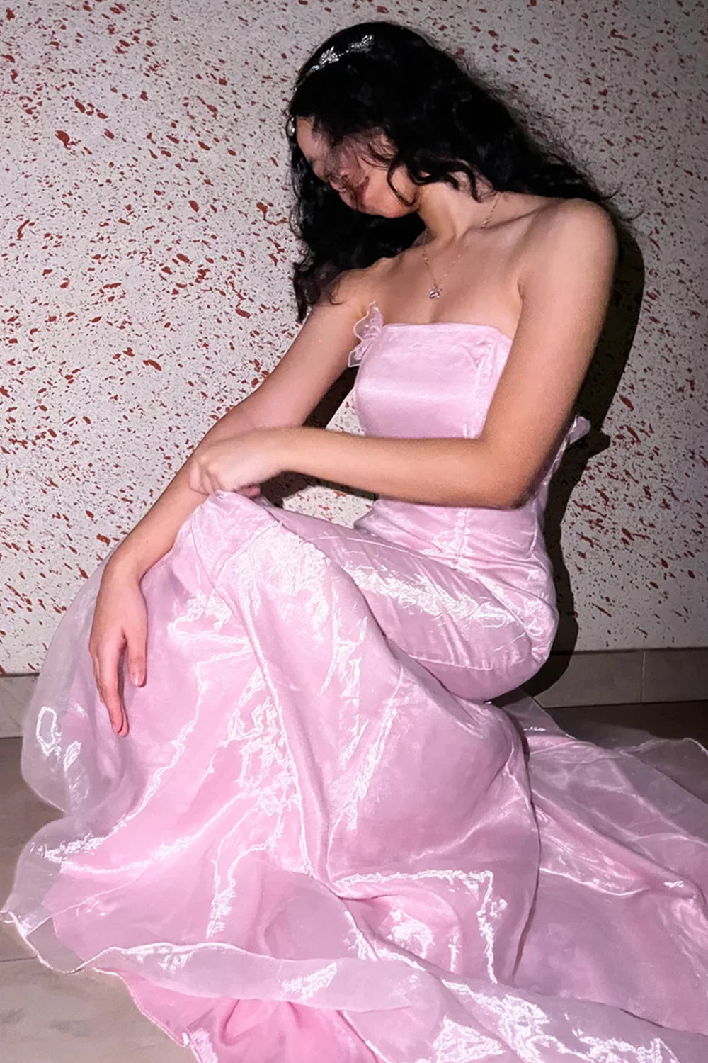 Princess Mermaid Strapless Ruffles Pink Long Prom Dress With Train