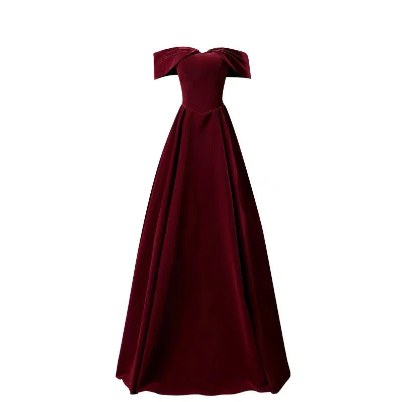 Off The Shoulder A Line Burgundy Velvet Long Prom Dress Evening Dress Formal Women's Dresses
