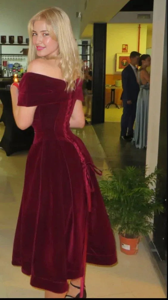 Off The Shoulder A Line Burgundy Velvet Long Prom Dress Evening Dress Formal Women's Dresses