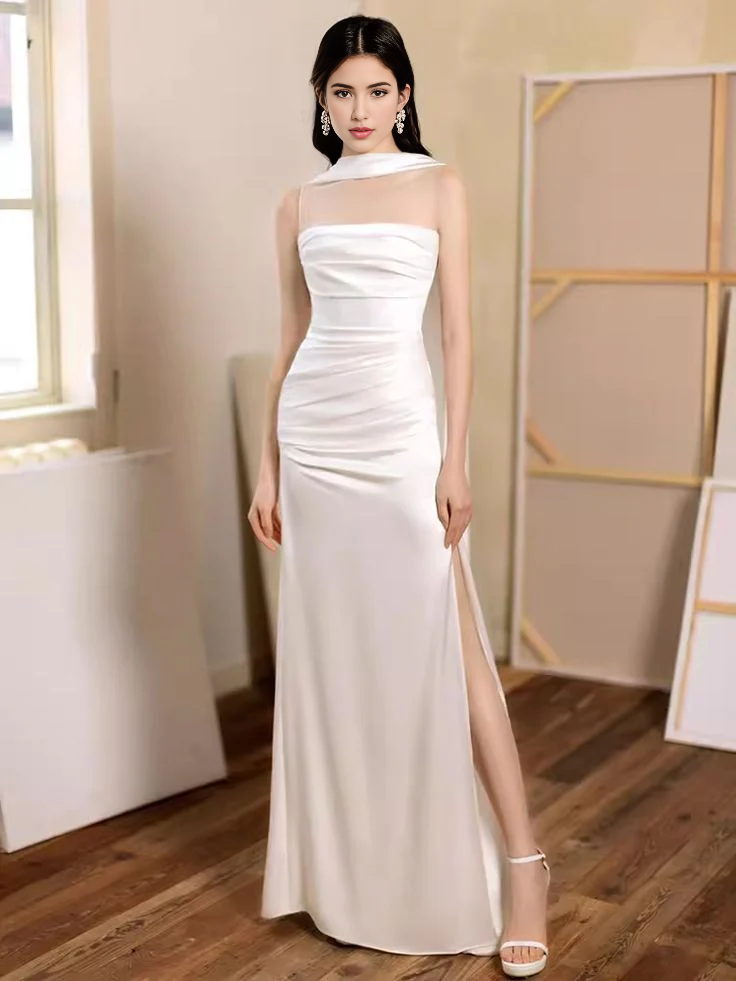 White Sheath Strapless Long Prom Dresses Slit Birthday Outfits Formal Women's Dresses