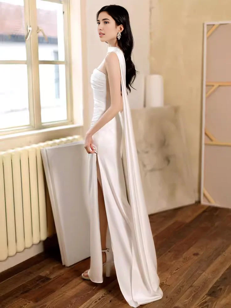 White Sheath Strapless Long Prom Dresses Slit Birthday Outfits Formal Women's Dresses