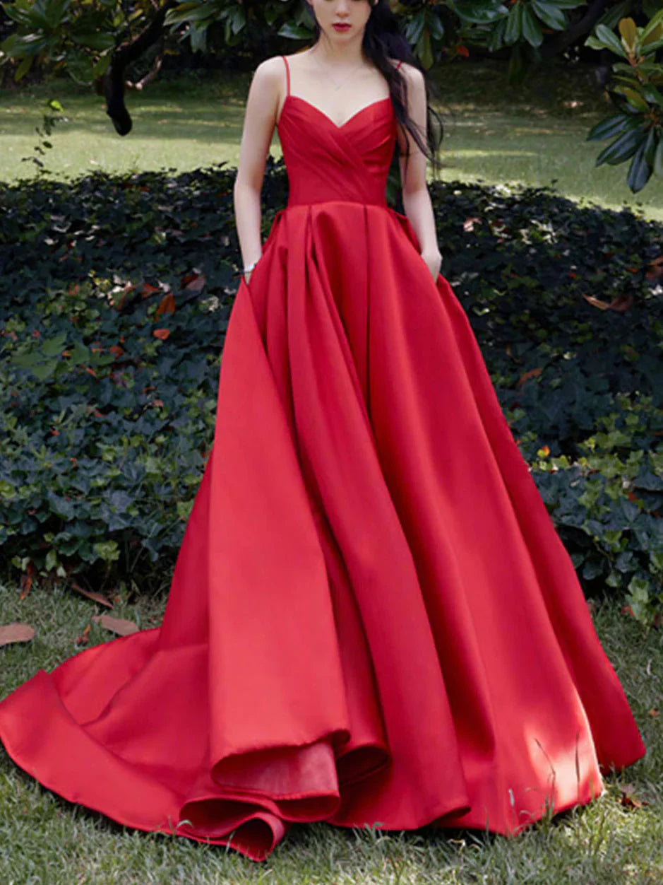 V Neck A-line Satin Spaghetti Straps Prom Dress