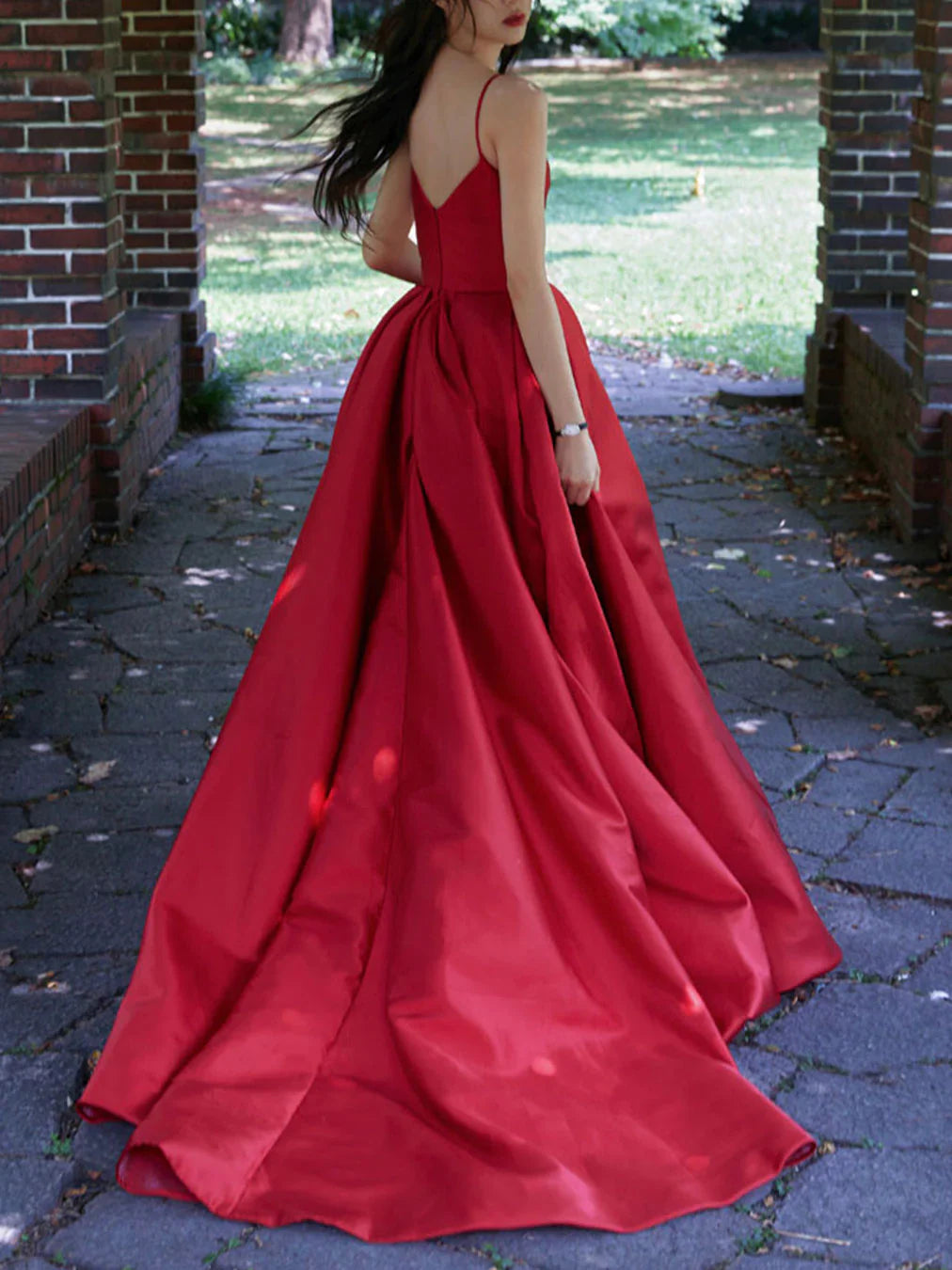 V Neck A-line Satin Spaghetti Straps Prom Dress