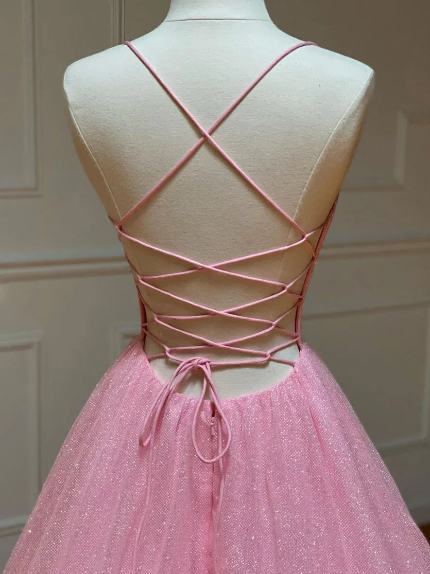 V Neck  A-line Sequin Tulle Prom Dress