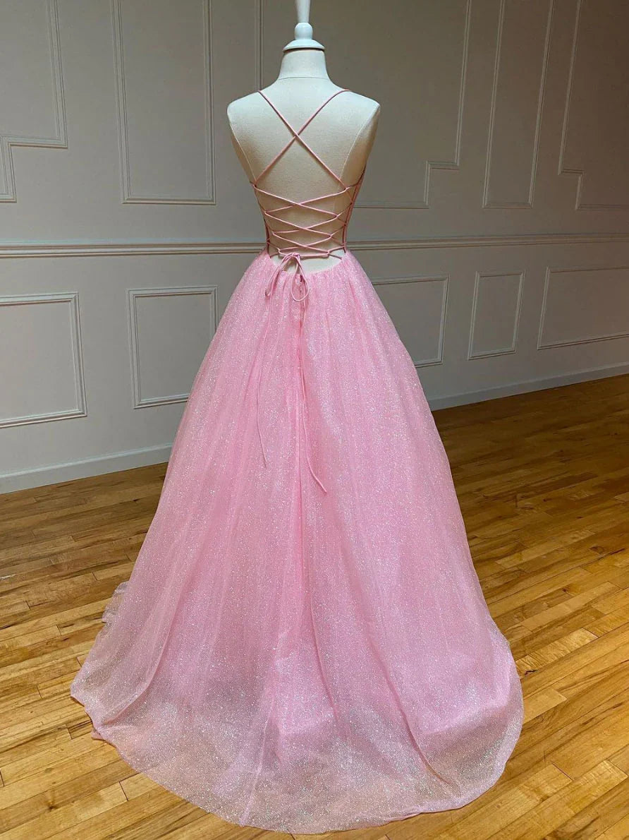 V Neck  A-line Sequin Tulle Prom Dress