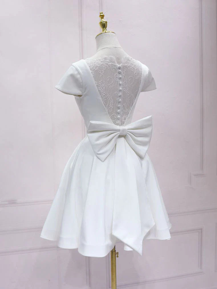 Simple Bow V Neck Lace Short Prom Dress