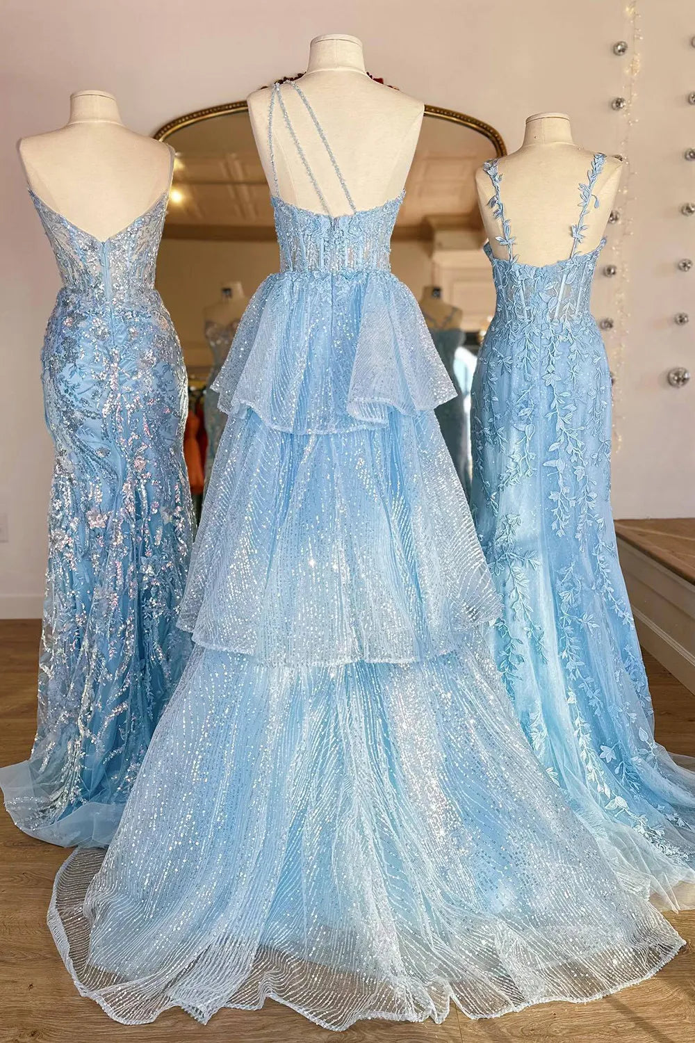 Xuewuba Formal Wear Dresses Princess A Line One Shoulder Blue Corset Prom Dress with Ruffles Prom Dresses Stores