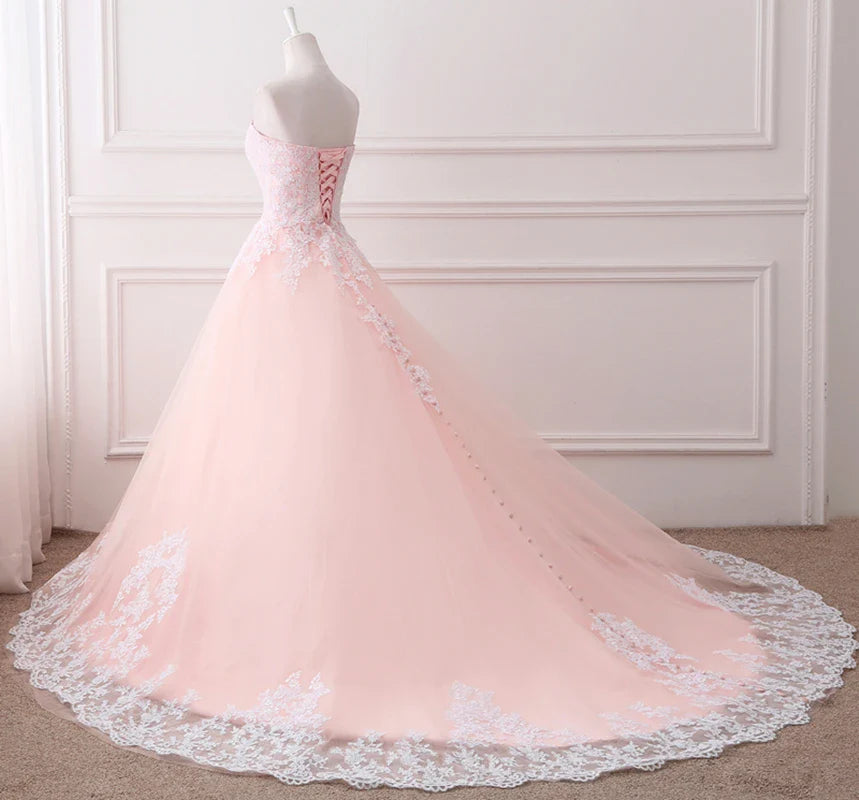 Puffy Sweetheart White Floral Lace Tulle Pink Long Prom Dress Princess