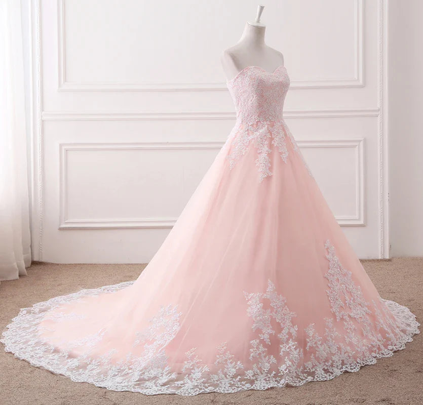 Puffy Sweetheart White Floral Lace Tulle Pink Long Prom Dress Princess