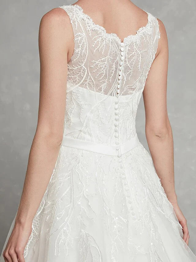 A-Line Wedding Dresses Scoop Neck Chapel Train Lace Tulle Regular Straps Formal Illusion Detail with Lace Sash Ribbon