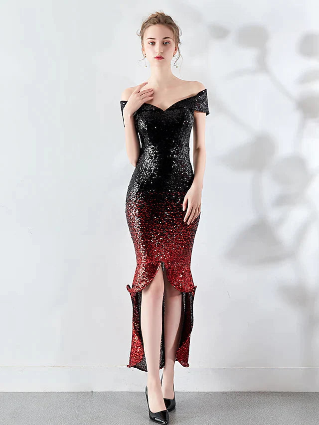 Cocktail Party Dress Off Shoulder Sleeveless Asymmetrical Sequined with Sequin