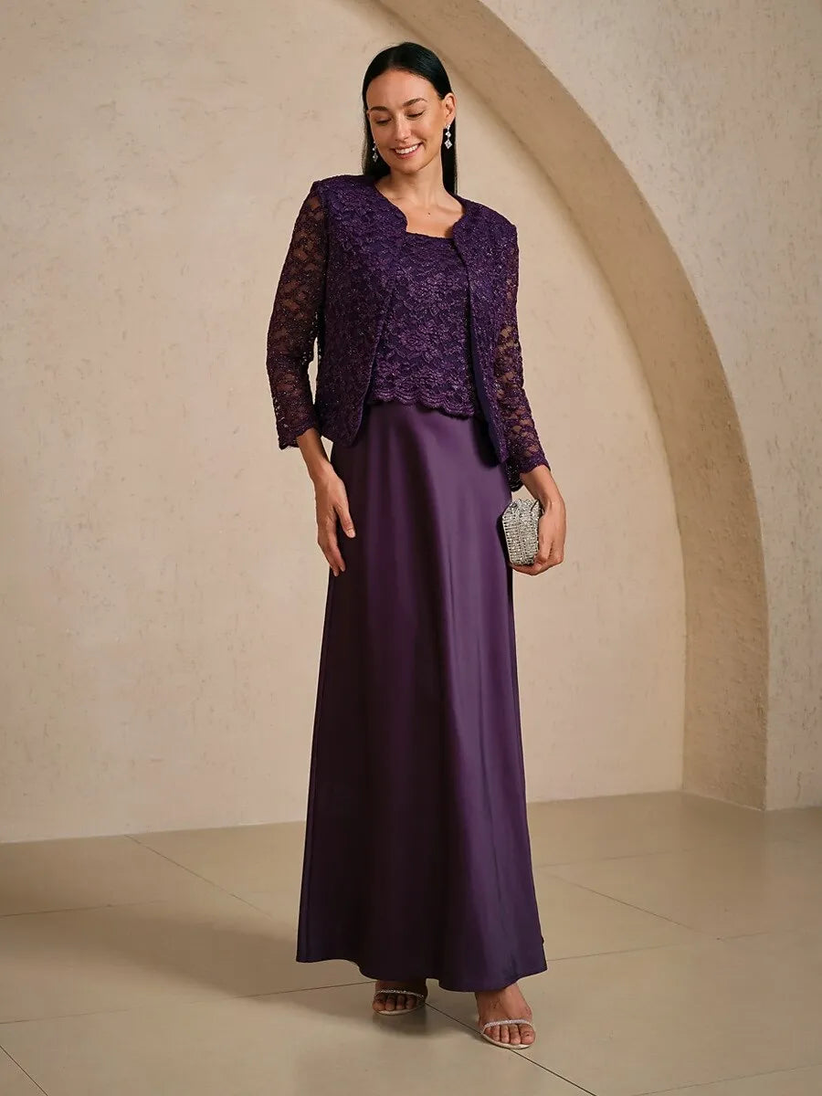 Three-Piece A-Line Square Neck Sleeveless Lace Purple Long Mother of the Bride Dresses For Women Ready To Ship