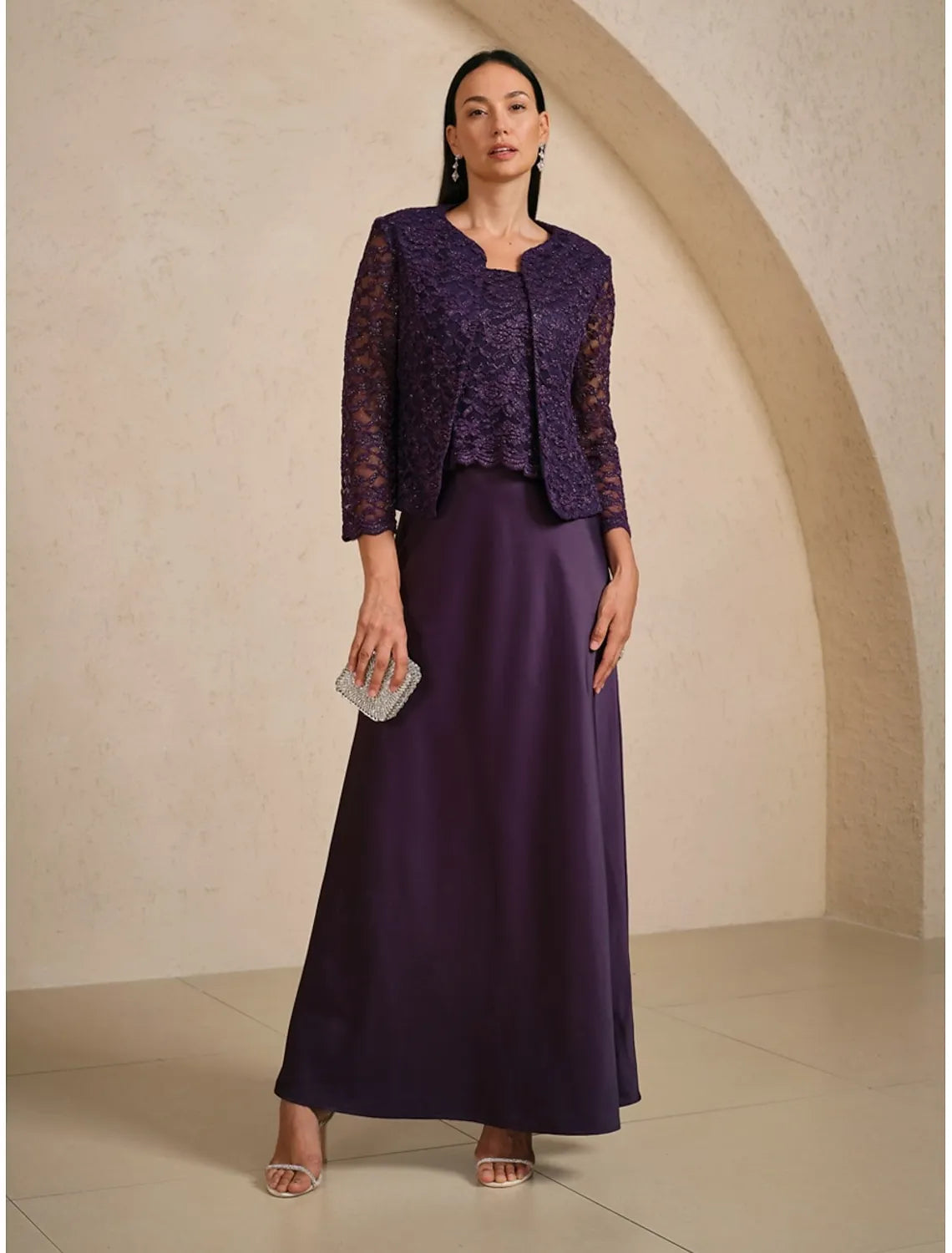Three-Piece A-Line Square Neck Sleeveless Lace Purple Long Mother of the Bride Dresses For Women Ready To Ship
