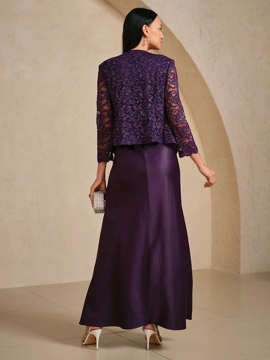 Three-Piece A-Line Square Neck Sleeveless Lace Purple Long Mother of the Bride Dresses For Women Ready To Ship