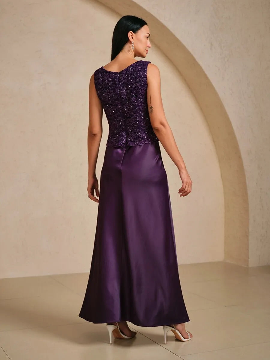 Three-Piece A-Line Square Neck Sleeveless Lace Purple Long Mother of the Bride Dresses For Women Ready To Ship