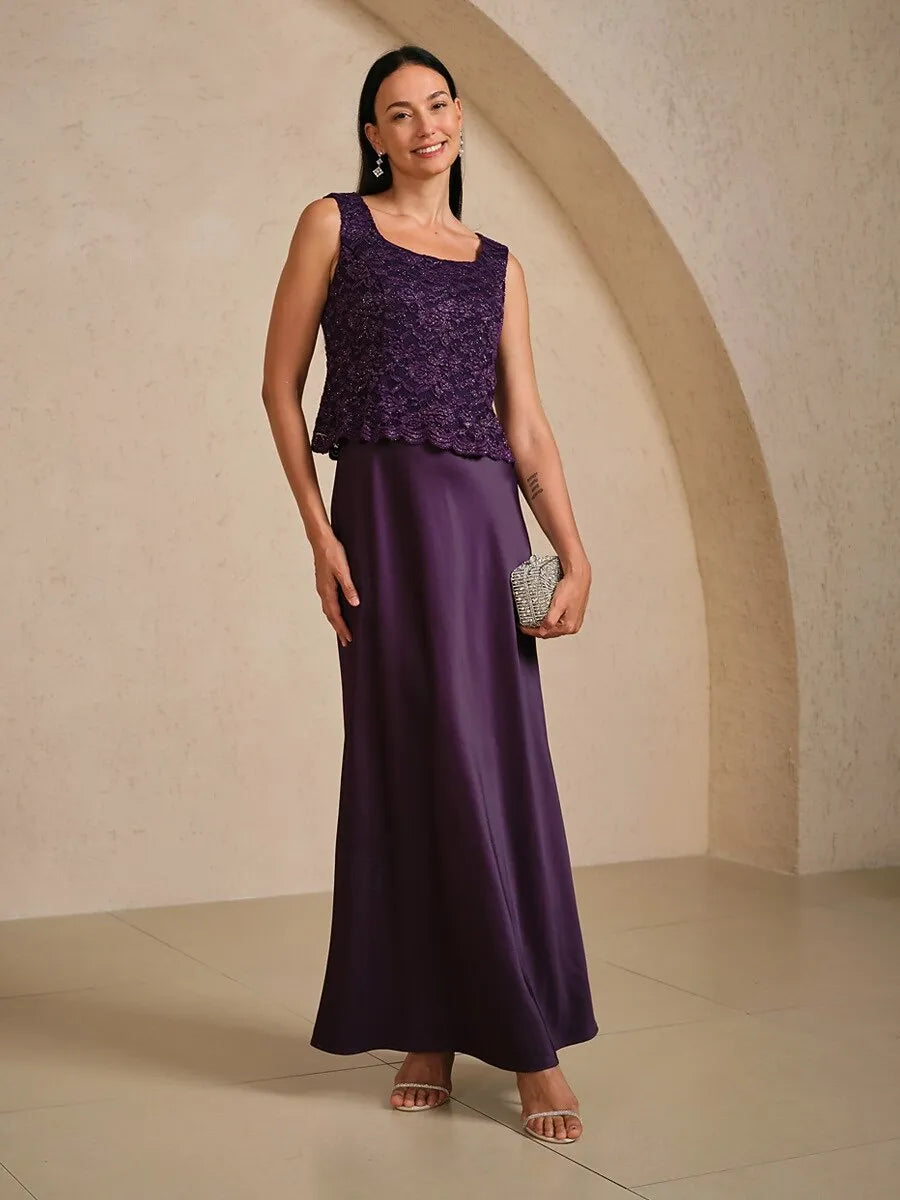Three-Piece A-Line Square Neck Sleeveless Lace Purple Long Mother of the Bride Dresses For Women Ready To Ship