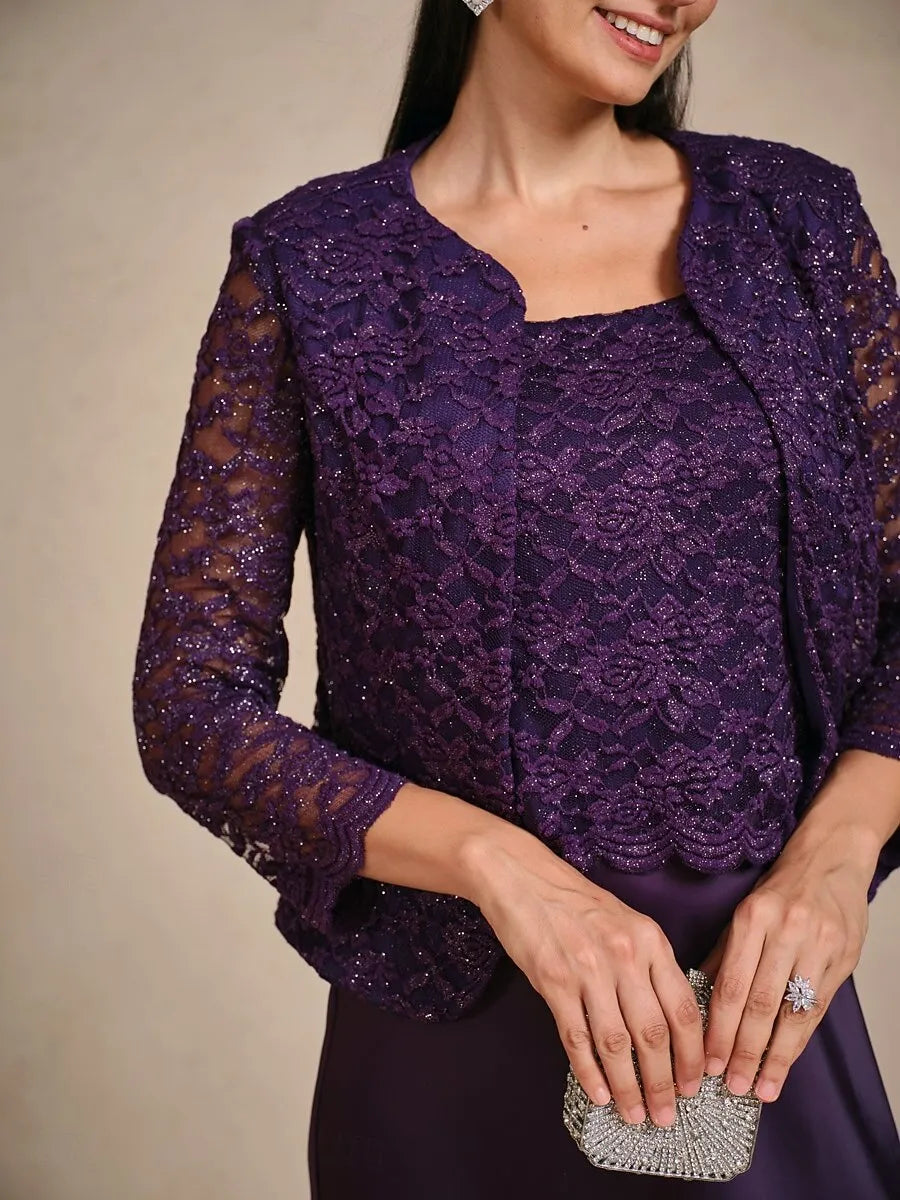 Three-Piece A-Line Square Neck Sleeveless Lace Purple Long Mother of the Bride Dresses For Women Ready To Ship
