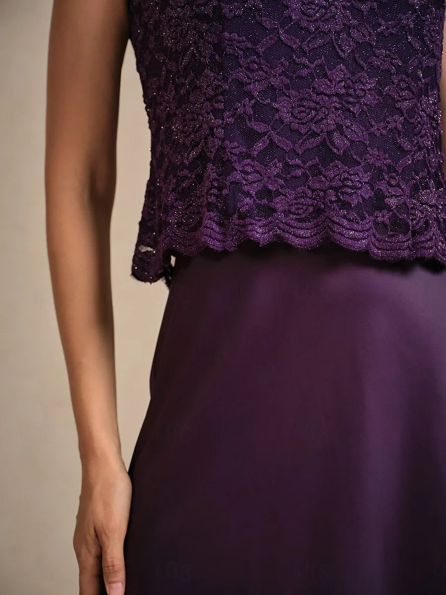 Three-Piece A-Line Square Neck Sleeveless Lace Purple Long Mother of the Bride Dresses For Women Ready To Ship