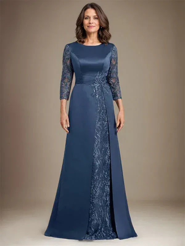 Refined A-line Bateau-neck Lace Sleeve Navy Floor-length Mother of the Bride Dress for Women Ready to Ship