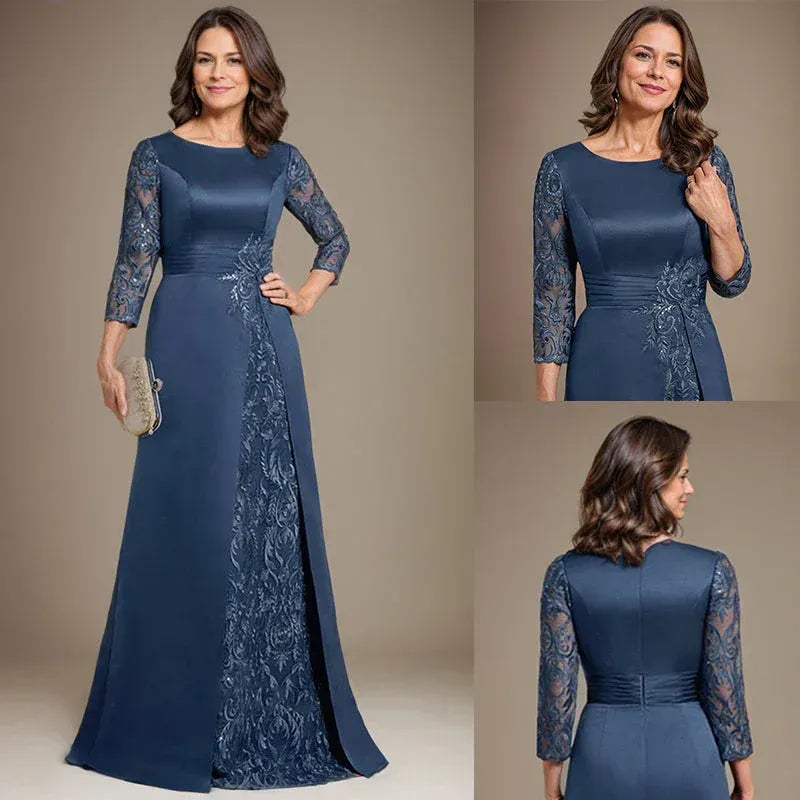 Refined A-line Bateau-neck Lace Sleeve Navy Floor-length Mother of the Bride Dress for Women Ready to Ship