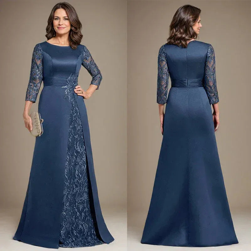 Refined A-line Bateau-neck Lace Sleeve Navy Floor-length Mother of the Bride Dress for Women Ready to Ship
