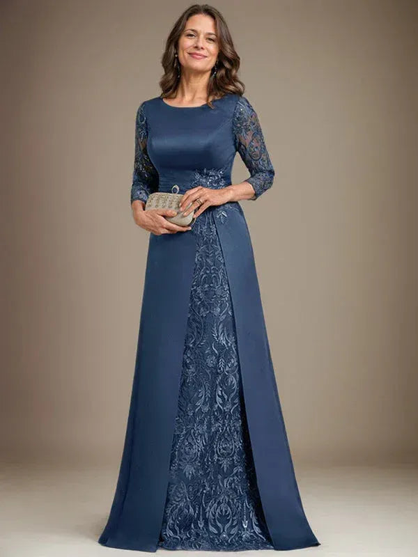 Refined A-line Bateau-neck Lace Sleeve Navy Floor-length Mother of the Bride Dress for Women Ready to Ship
