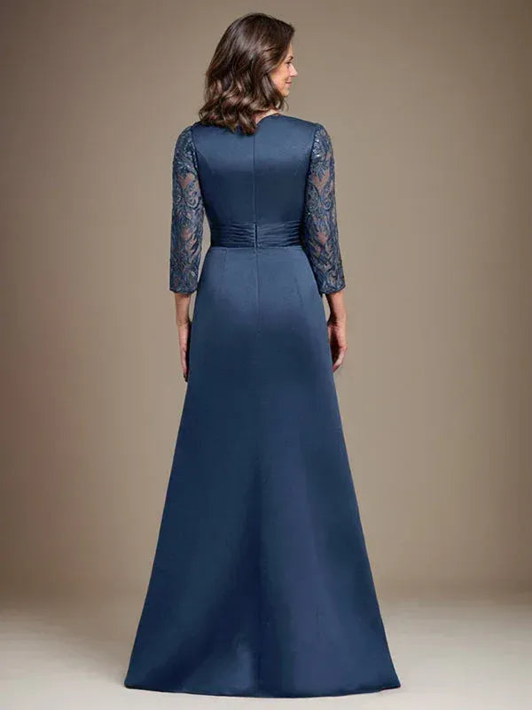 Refined A-line Bateau-neck Lace Sleeve Navy Floor-length Mother of the Bride Dress for Women Ready to Ship