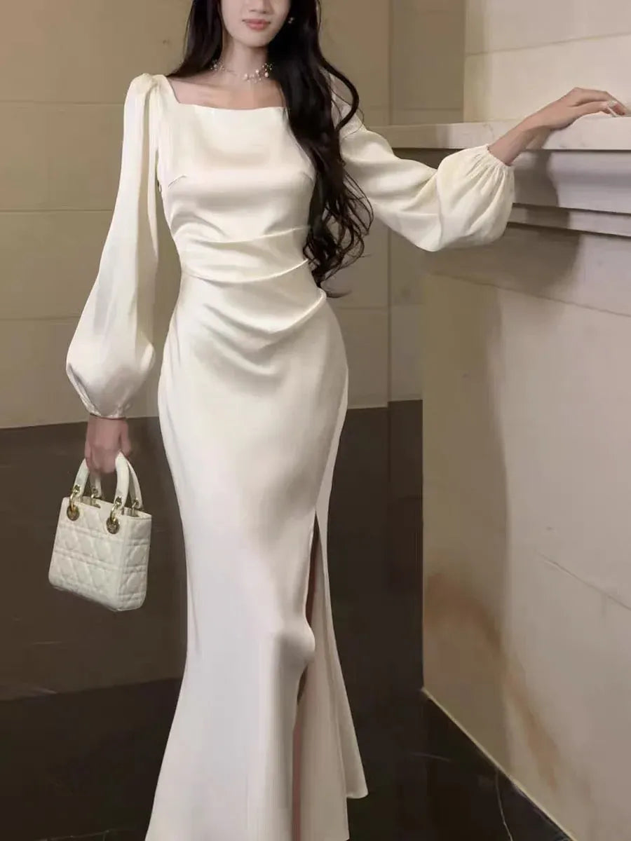 Refined Mermaid Square-Neck Long-Sleeve Ruched Satin Ivory Floor-Length Evening Dress for Women