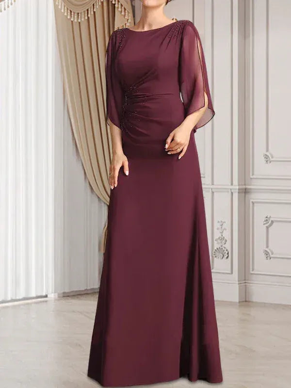 Refined Sheath Bateau-neck Beaded Chiffon Burgundy Floor-length Mother of the Bride Dress for Women Custom