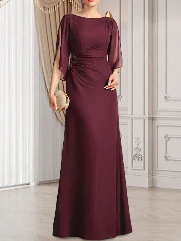 Refined Sheath Bateau-neck Beaded Chiffon Burgundy Floor-length Mother of the Bride Dress for Women Custom