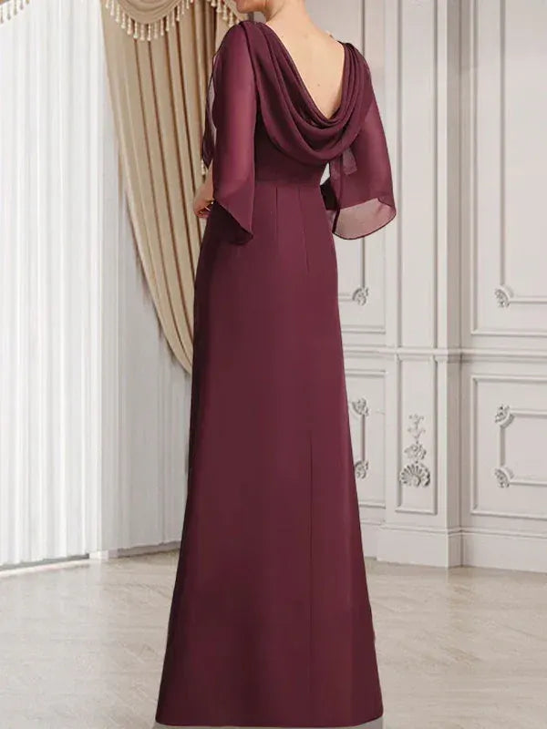 Refined Sheath Bateau-neck Beaded Chiffon Burgundy Floor-length Mother of the Bride Dress for Women Custom