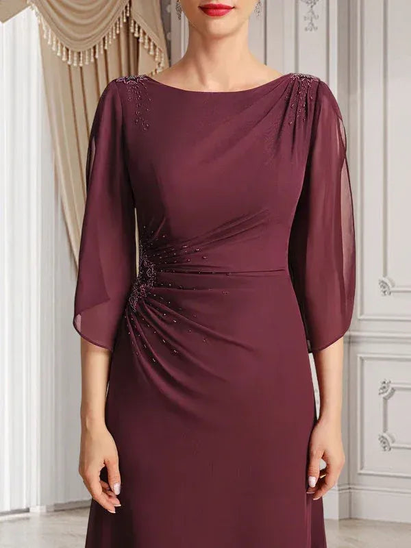 Refined Sheath Bateau-neck Beaded Chiffon Burgundy Floor-length Mother of the Bride Dress for Women Custom