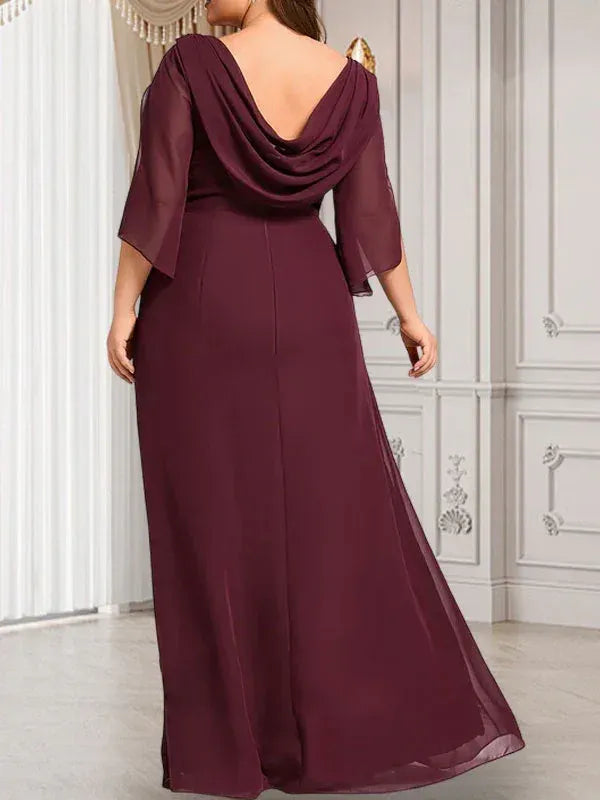 Refined Sheath Bateau-neck Beaded Chiffon Burgundy Floor-length Mother of the Bride Dress for Women Custom